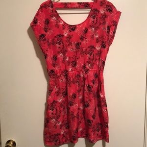 Floral pink and black synched waist midi dress WITH POCKETS!!!